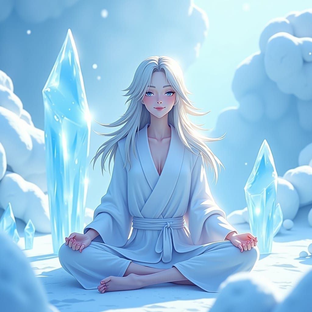 Serene Woman Meditating in Snowy Landscape as 2.5D Anime