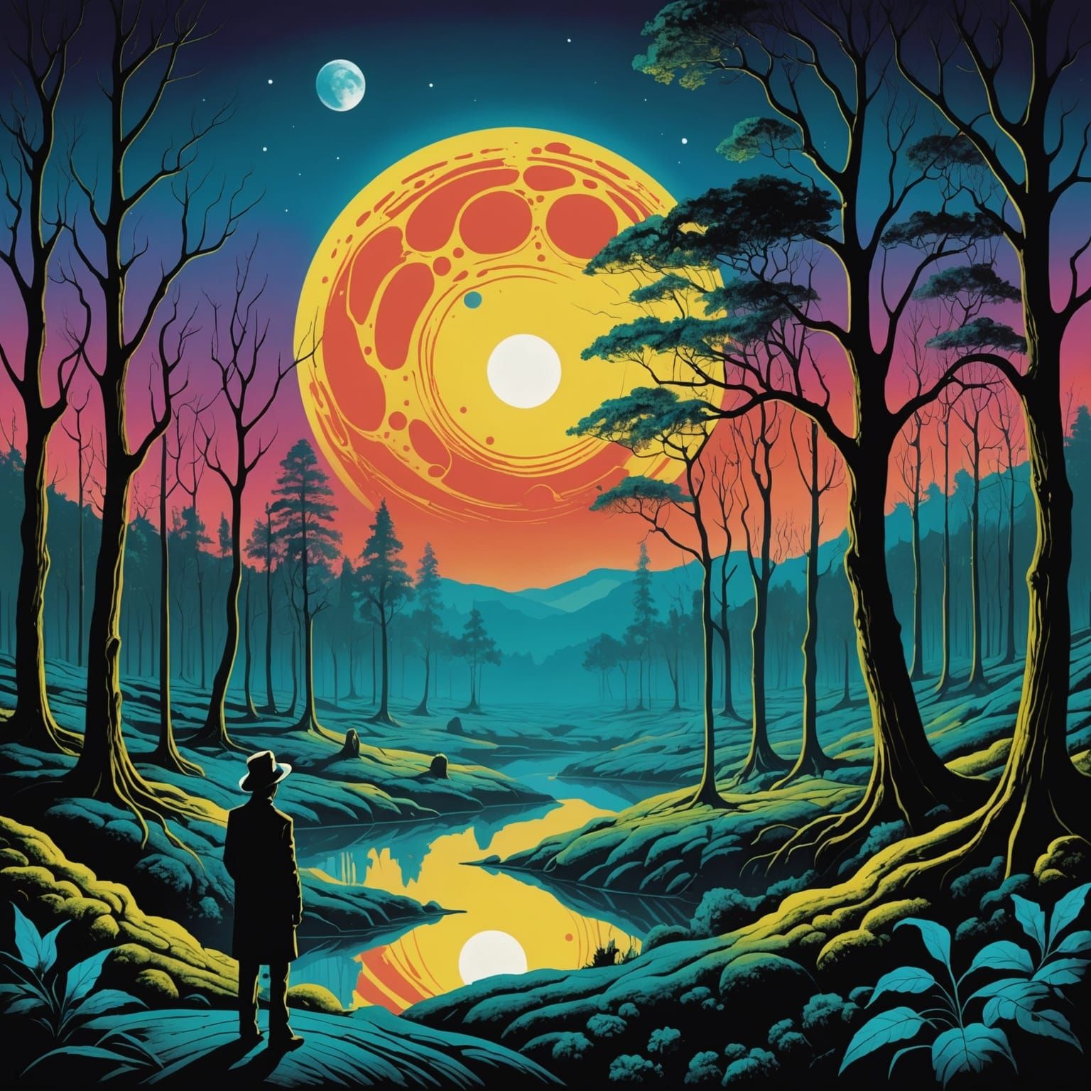 Alien Moon Watch in Surreal Psychedelic Forest