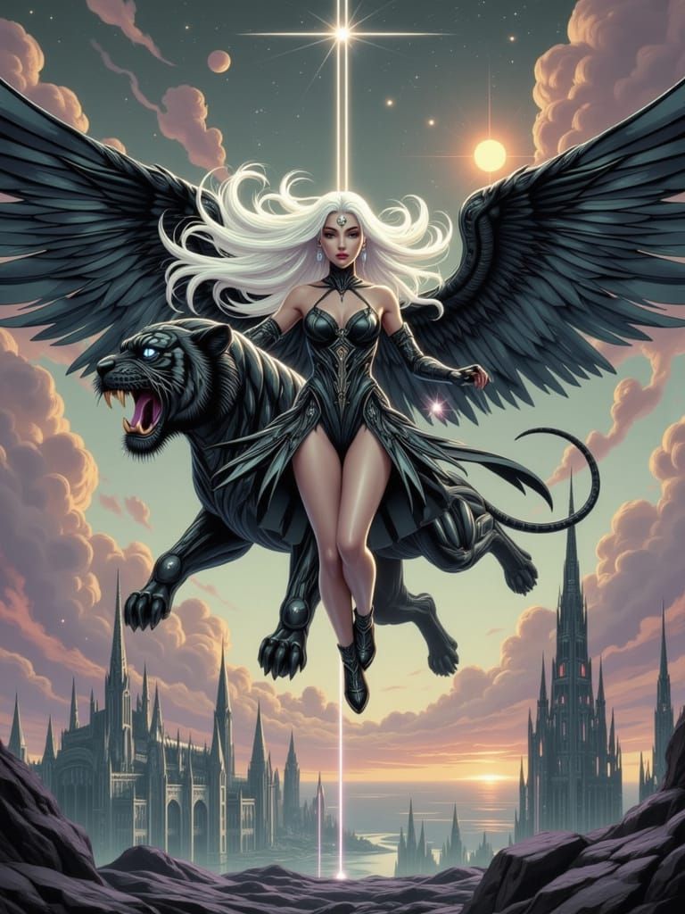 Vapourwave Trance,  A black and white winged female figure w...