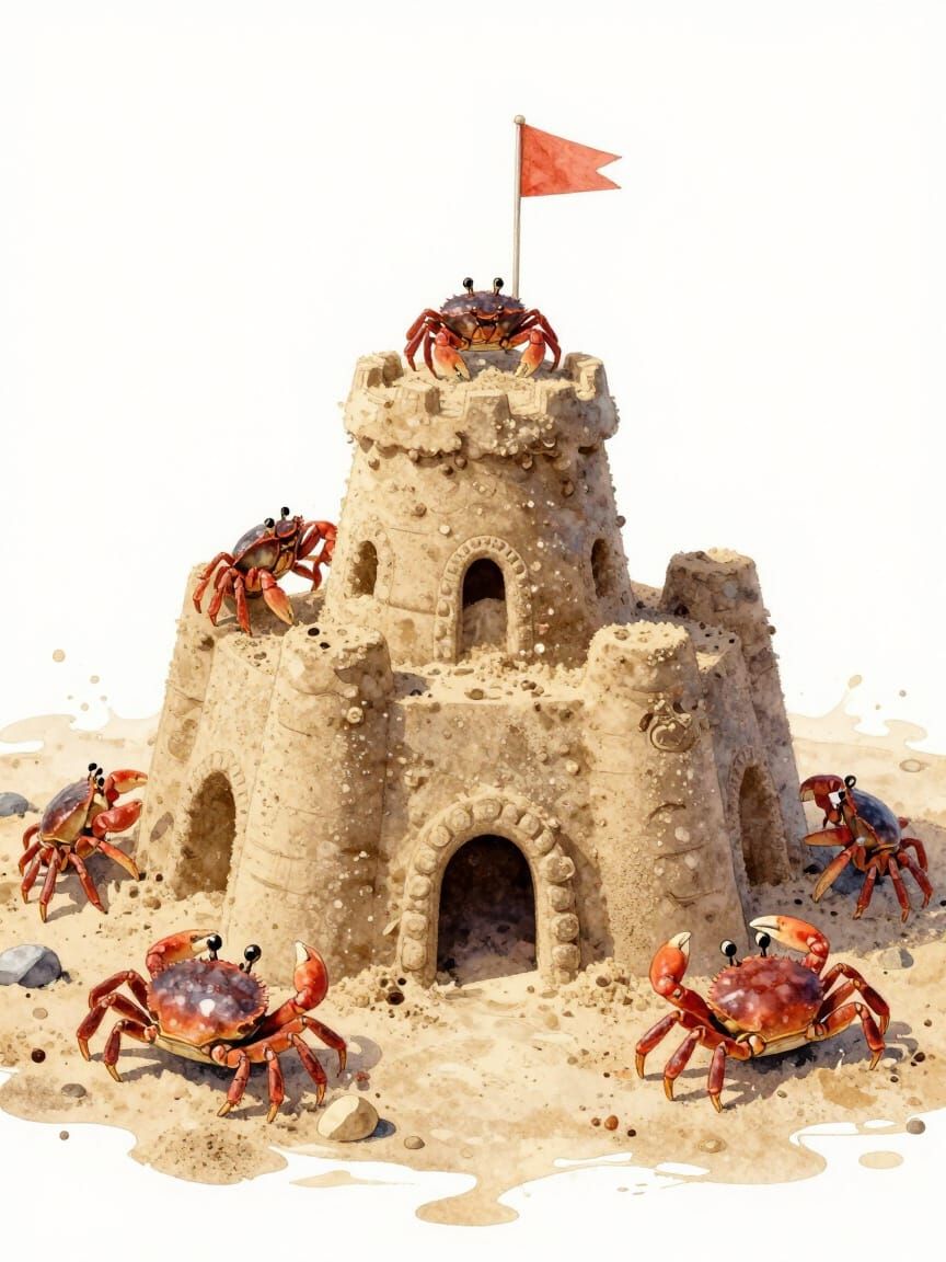 Adorable Crabs on Sandcastle in Stylized Watercolor