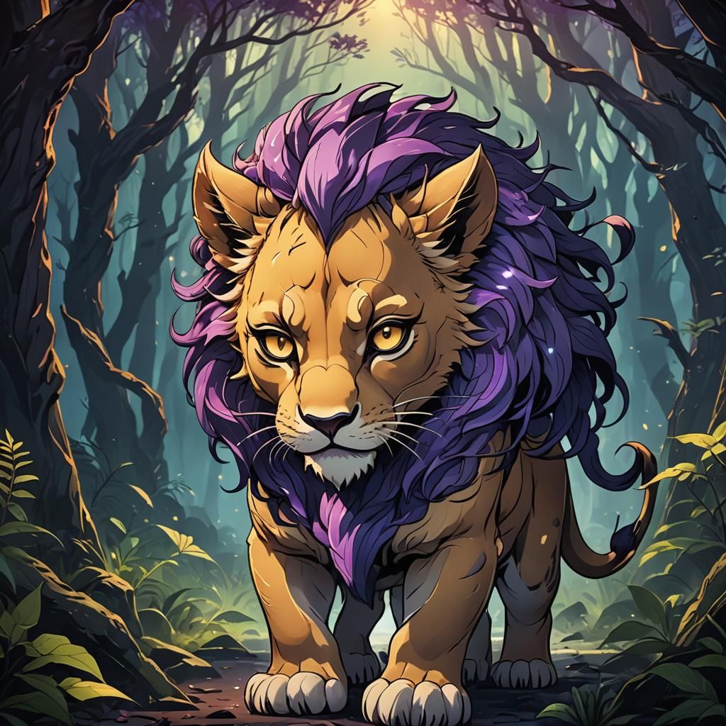 Chibi Demonic Lioness in Mystical Forest, Anime Style