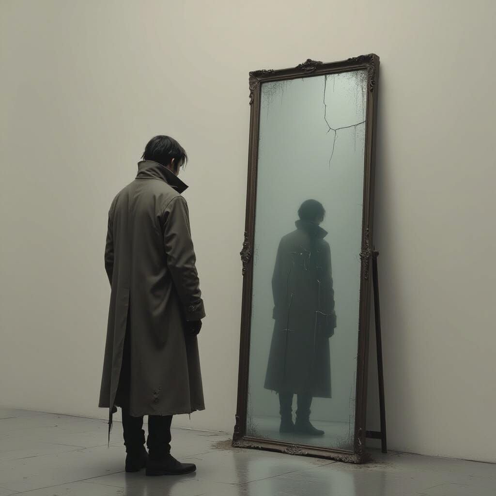 Monochrome Figure Before Cracked Mirror