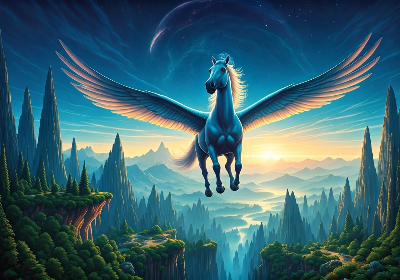 Mystical Landscape Awaits as Pegasus Soars in Vibrant Colors