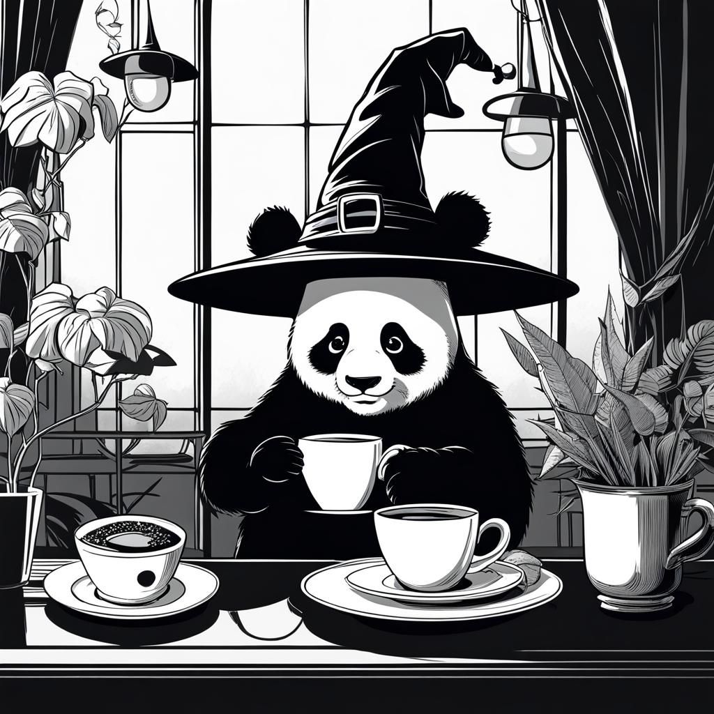 Panda Witch in Black and White Cafe