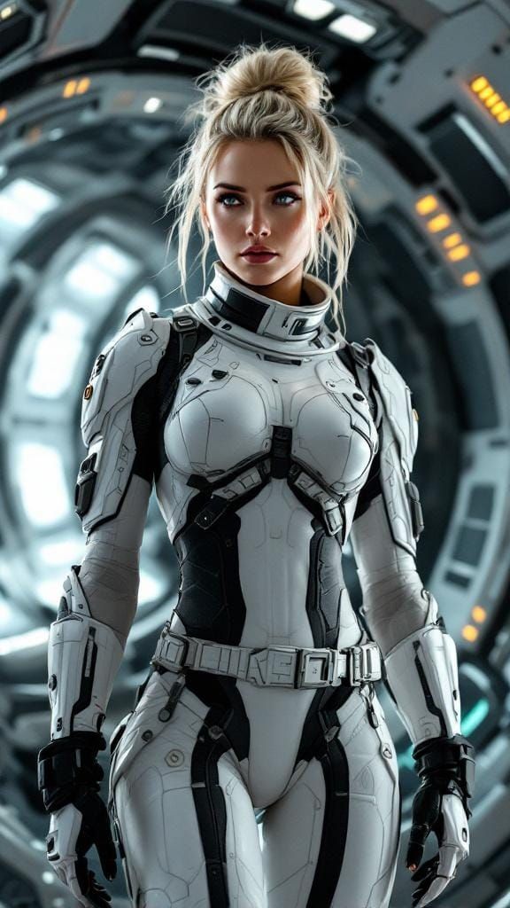 Female Space Pilot in Cyber Suit, Photorealistic Sci-Fi