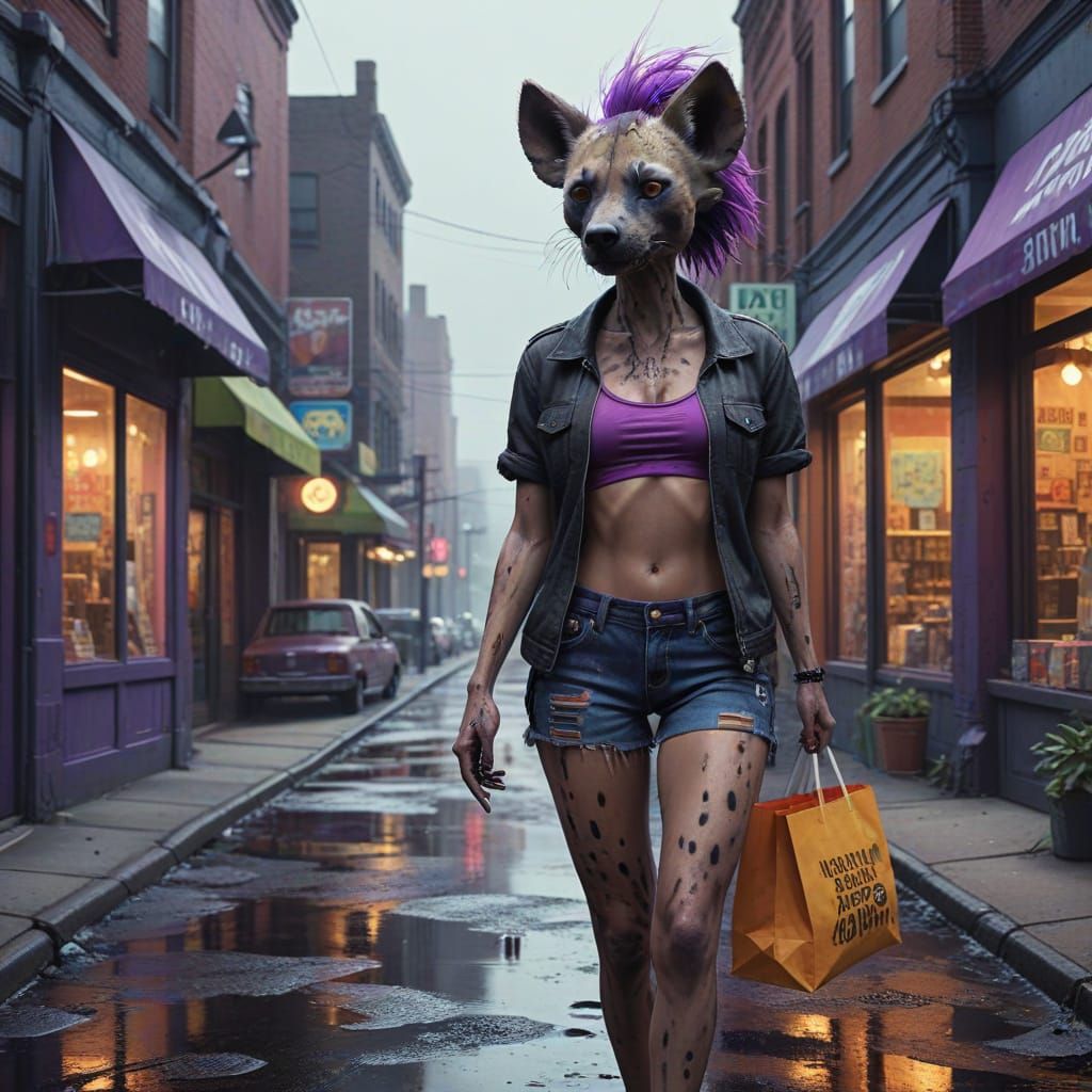 Vibrant Street Scene with Scuzzy the She-Hyena