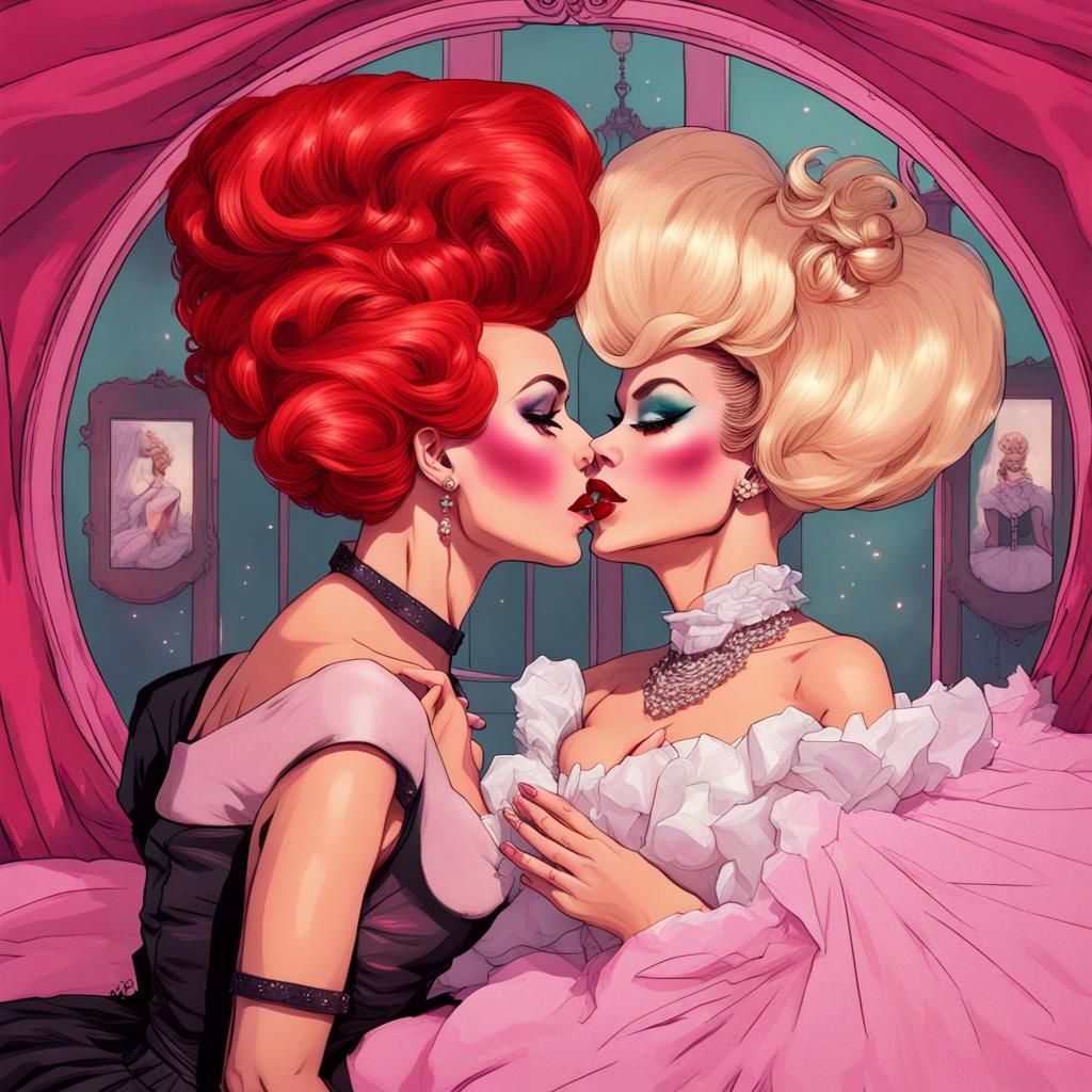 Drag Queens Kissing in Bed: Detailed Matte Painting