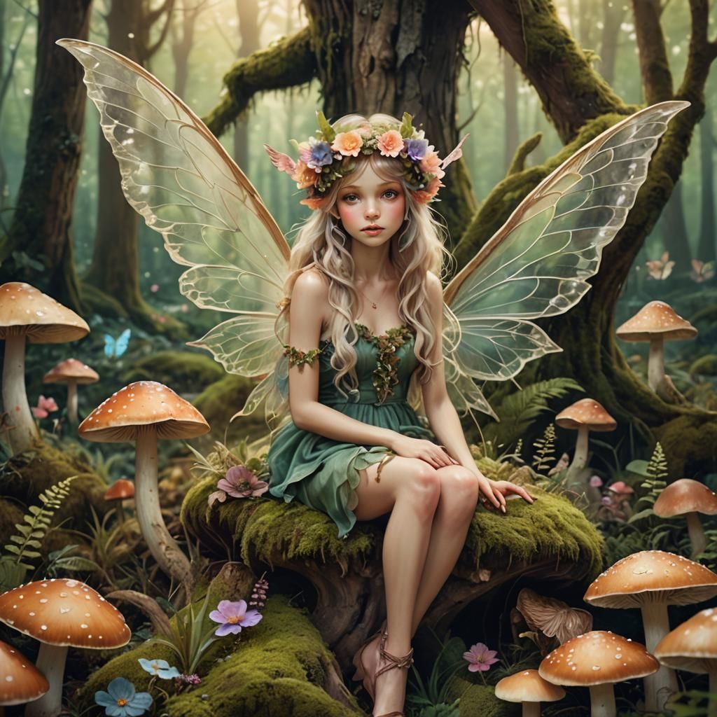 Enchanted Forest Fairy on Mushroom, Watercolor Style
