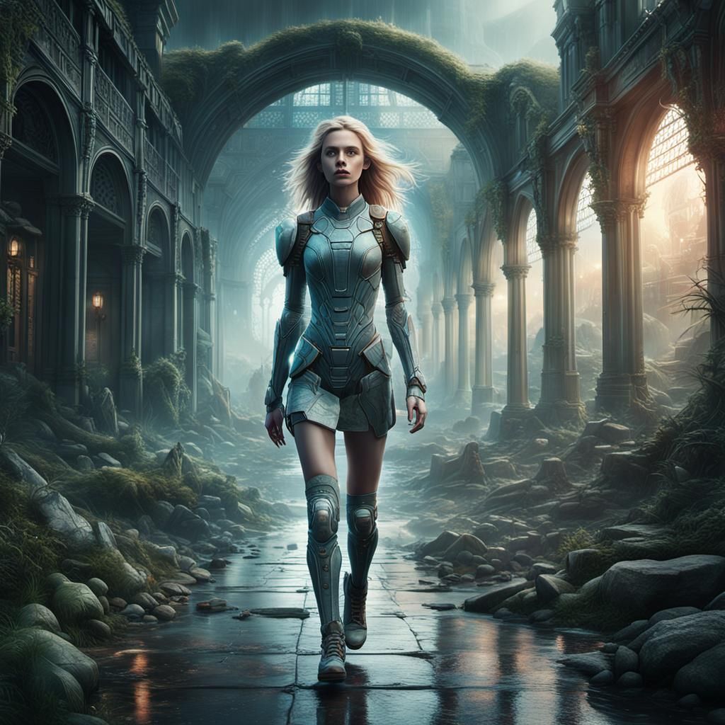Ethereal AI Woman Stalking Man: Detailed Matte Painting