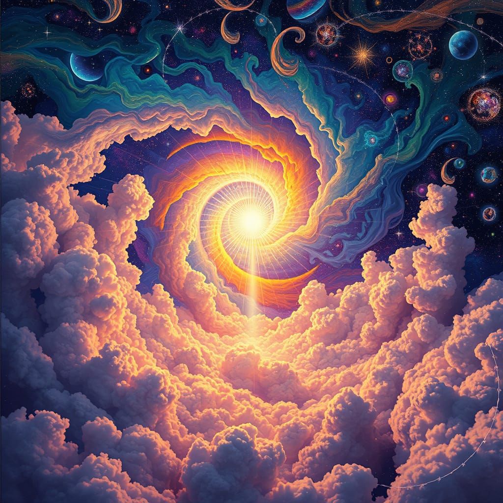 Vibrant Cosmic Landscape in Pablo Amaringo Style