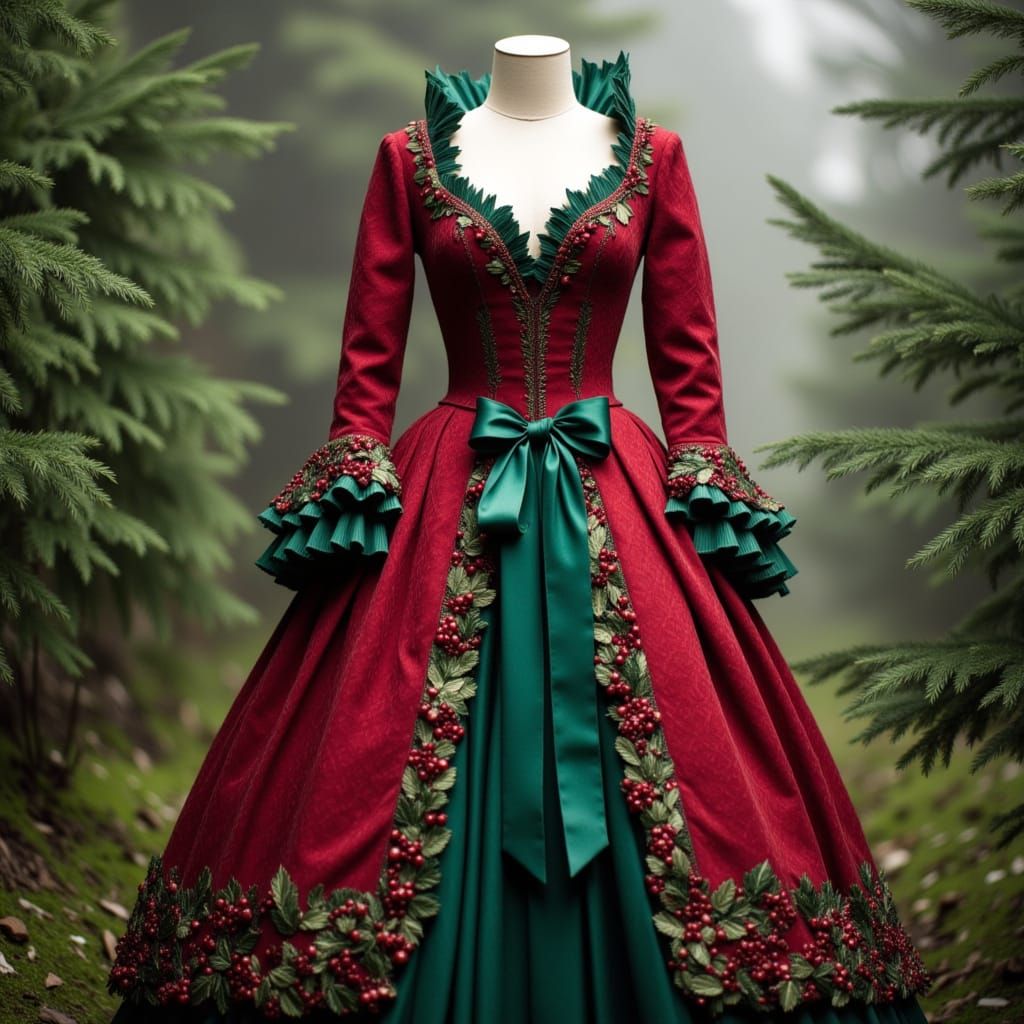 Victorian Christmas Dress on Mannequin in Misty Forest