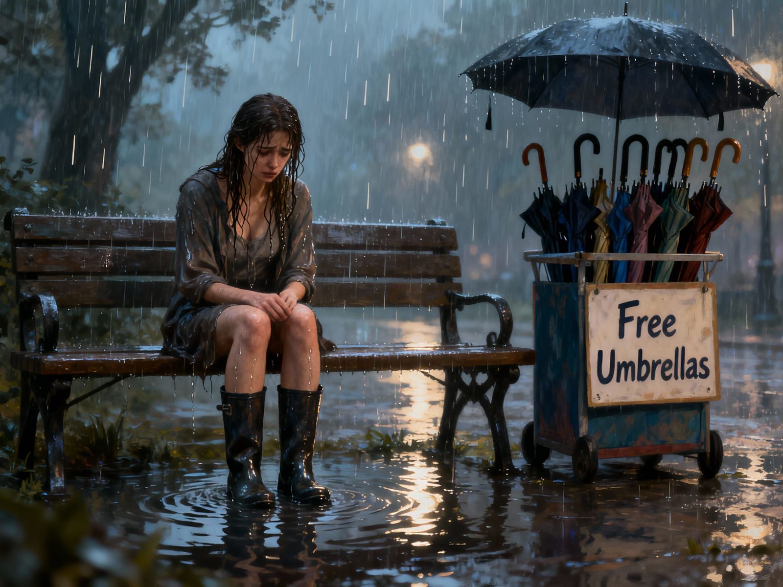 Sad Woman in Rain, Offers Free Umbrellas