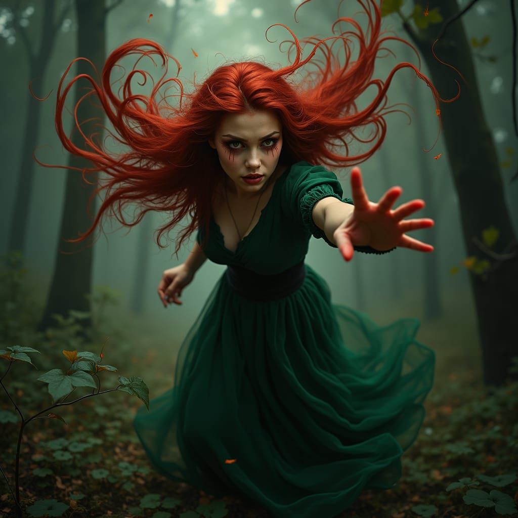 Forest Witch with Fiery Hair and Red Eyes