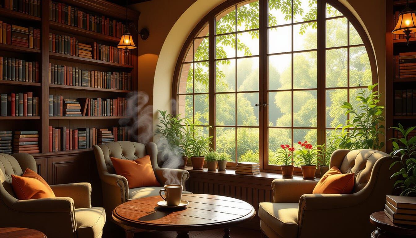 Sun-Drenched Coffee Shop Interior with Garden View