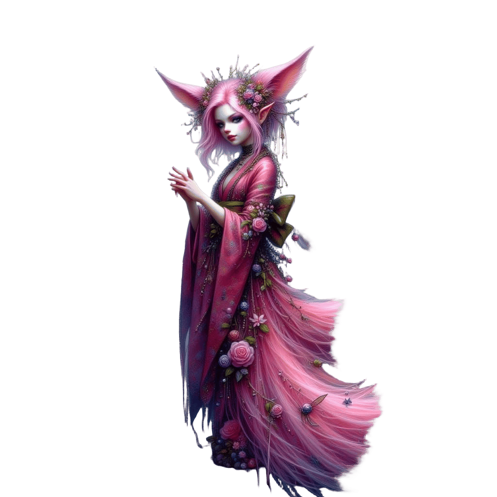 Serene Kitsune in Magenta Kimono at Night Garden