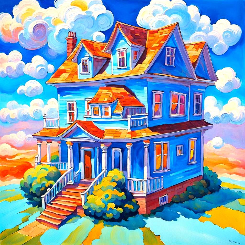 House in Sky: Gouache Watercolor Impressionist Painting