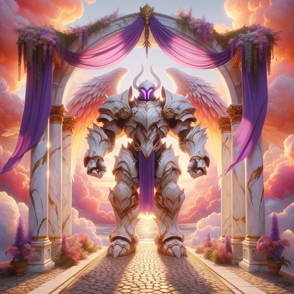 Fantasy Knight with Rainbow Wings in Heavenly Setting