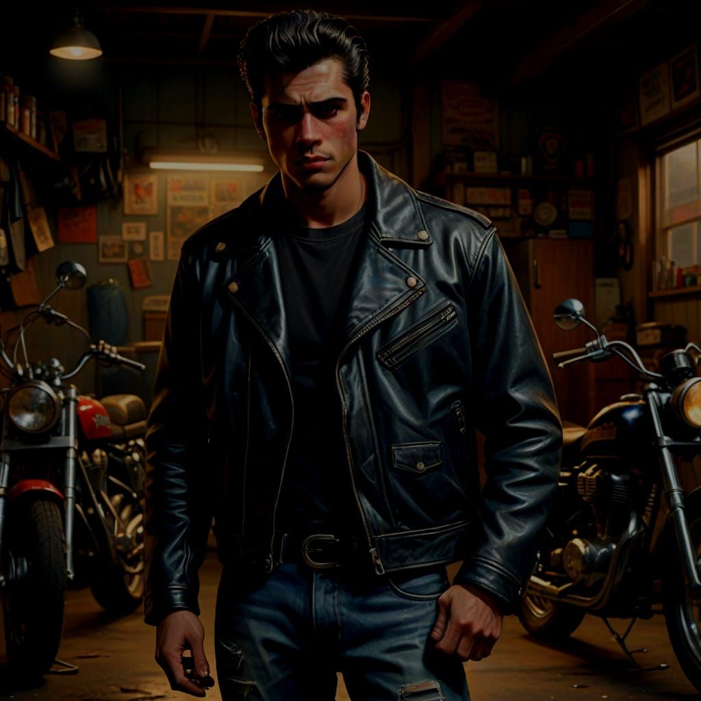 Greaser in Leather Jacket with Vintage Motorcycle