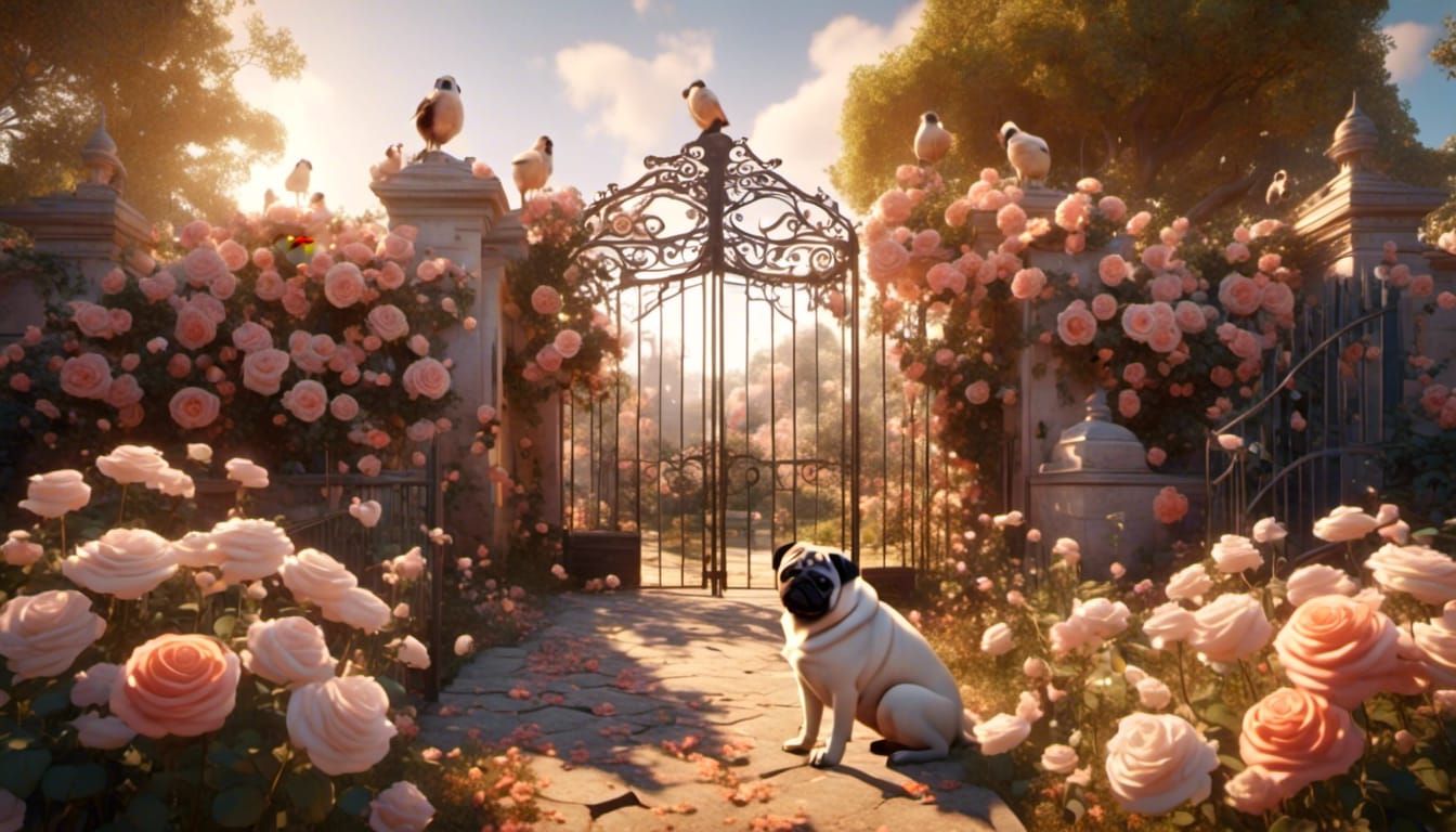Realistic Garden Scene with Roses, Gate and Pugs