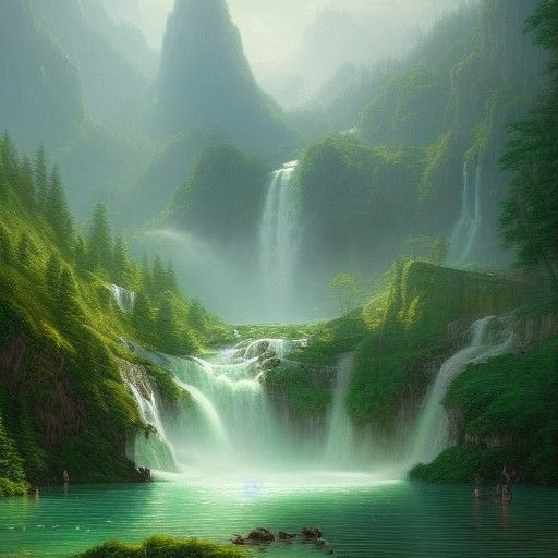 Verdant Paradise Waterfall: Matte Painting Masterpiece