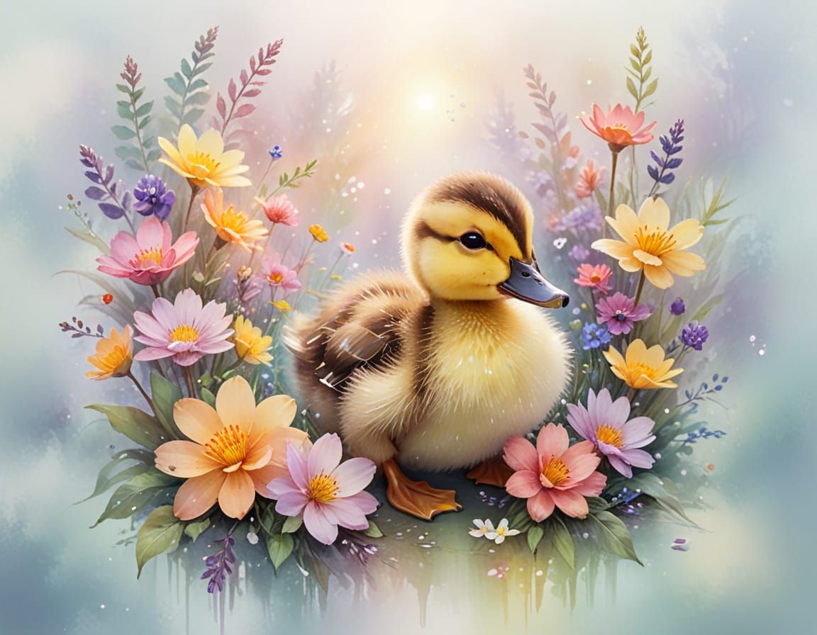 Dreamy Watercolor Duckling in Vibrant Floral Mist