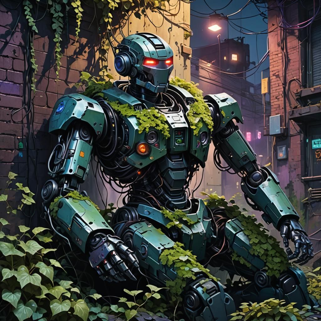 Cyberpunk Robot in Overgrown Cityscape