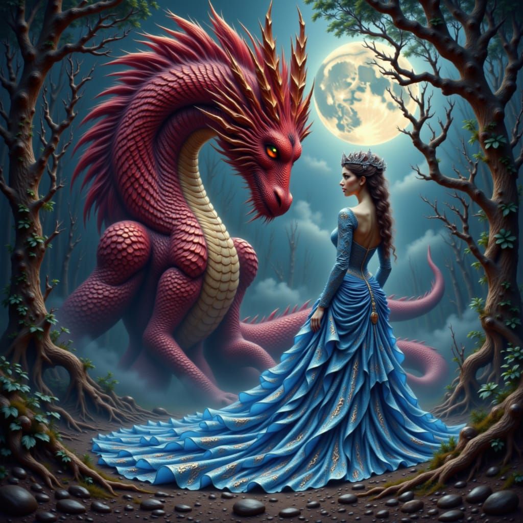 Queen Confronts Ethereal Dragon in Mystical Forest