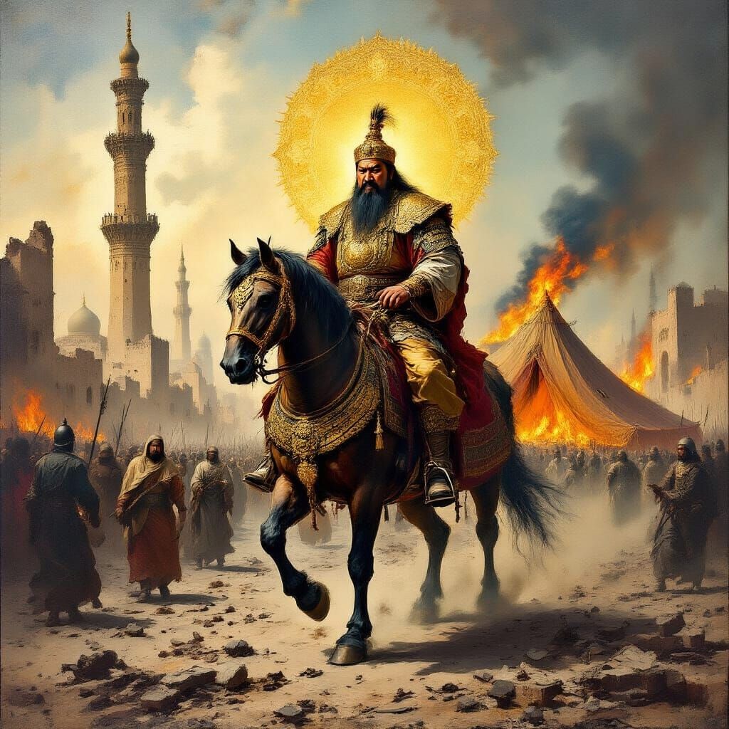 Majestic Khan on Horseback in War-Torn Cityscape