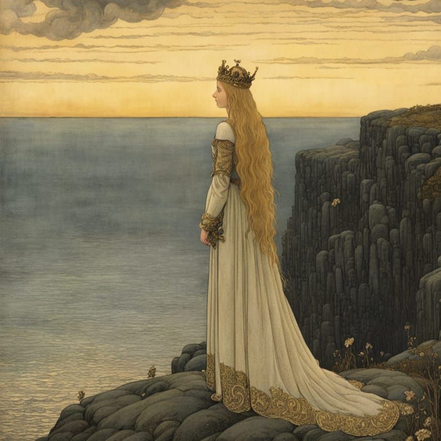 Princess at Northern Summer Sunset in Folkloric Style