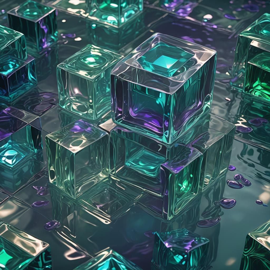Glass Cube Underwater: Vibrant Colors in Detailed Painting