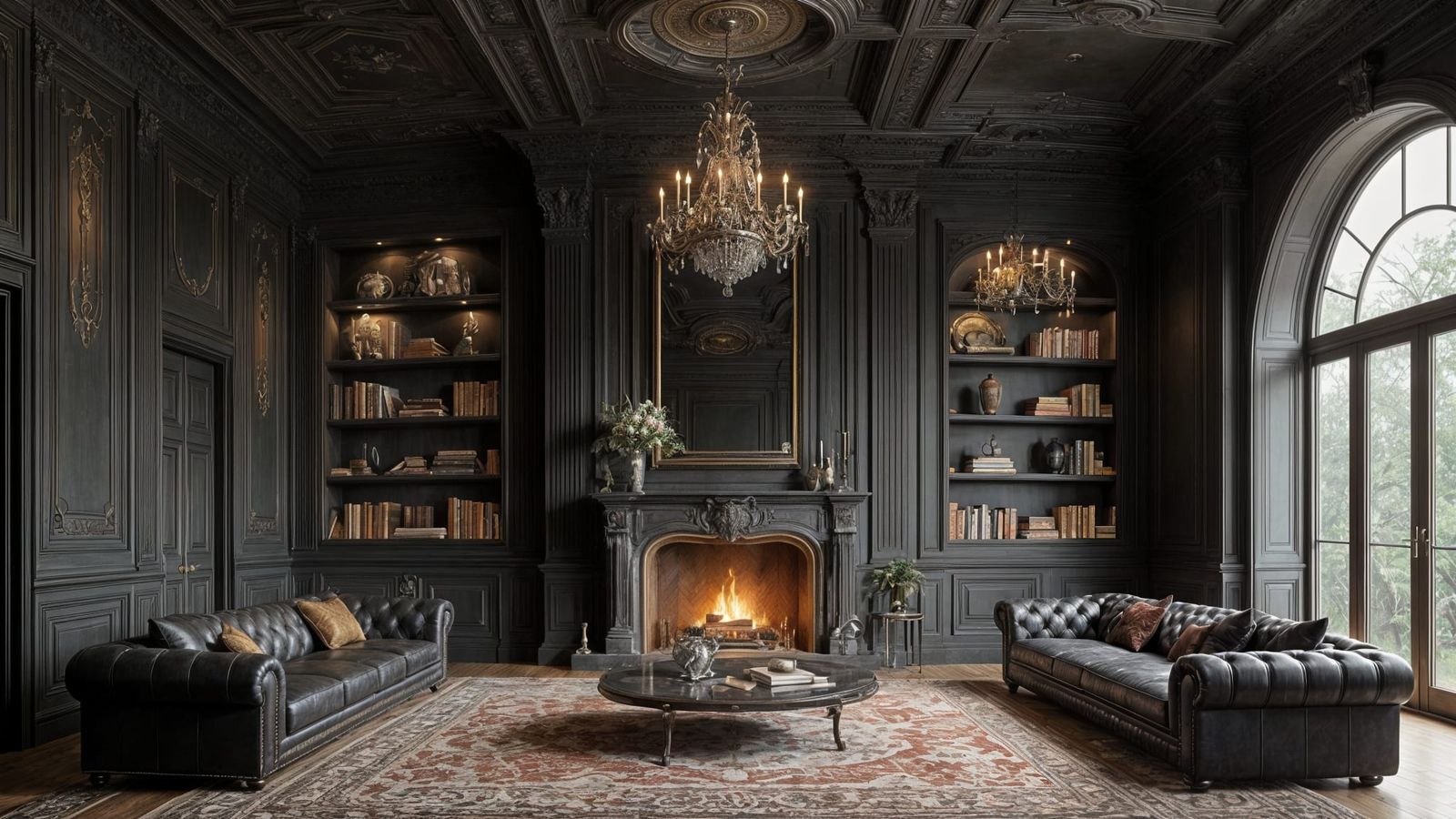 Dramatic Dark Academia Living Room in 4K