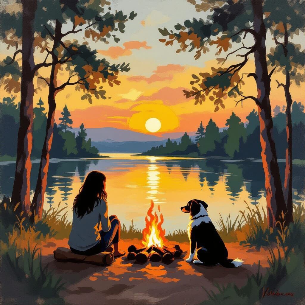 Peaceful Summer Campfire Scene with Dog in Impressionist Sty...