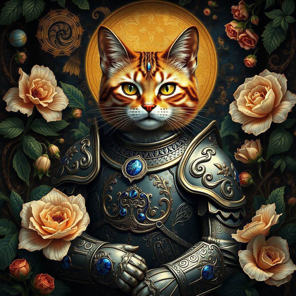 Majestic Armored Cat in Baroque Floral Setting