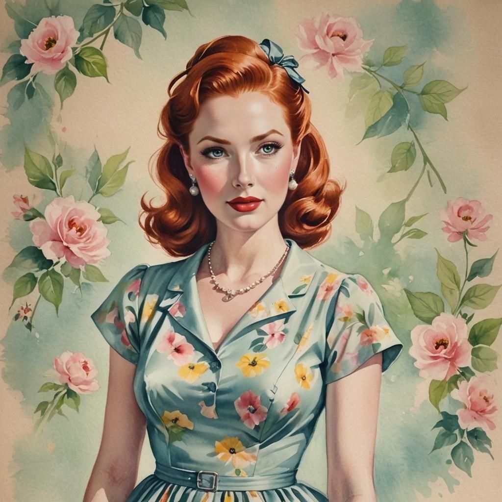 Watercolor Portrait of Redhead in 1950s Style