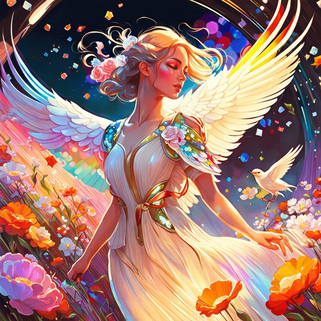 Celestial Bird Soaring Above Blooming Flower Field