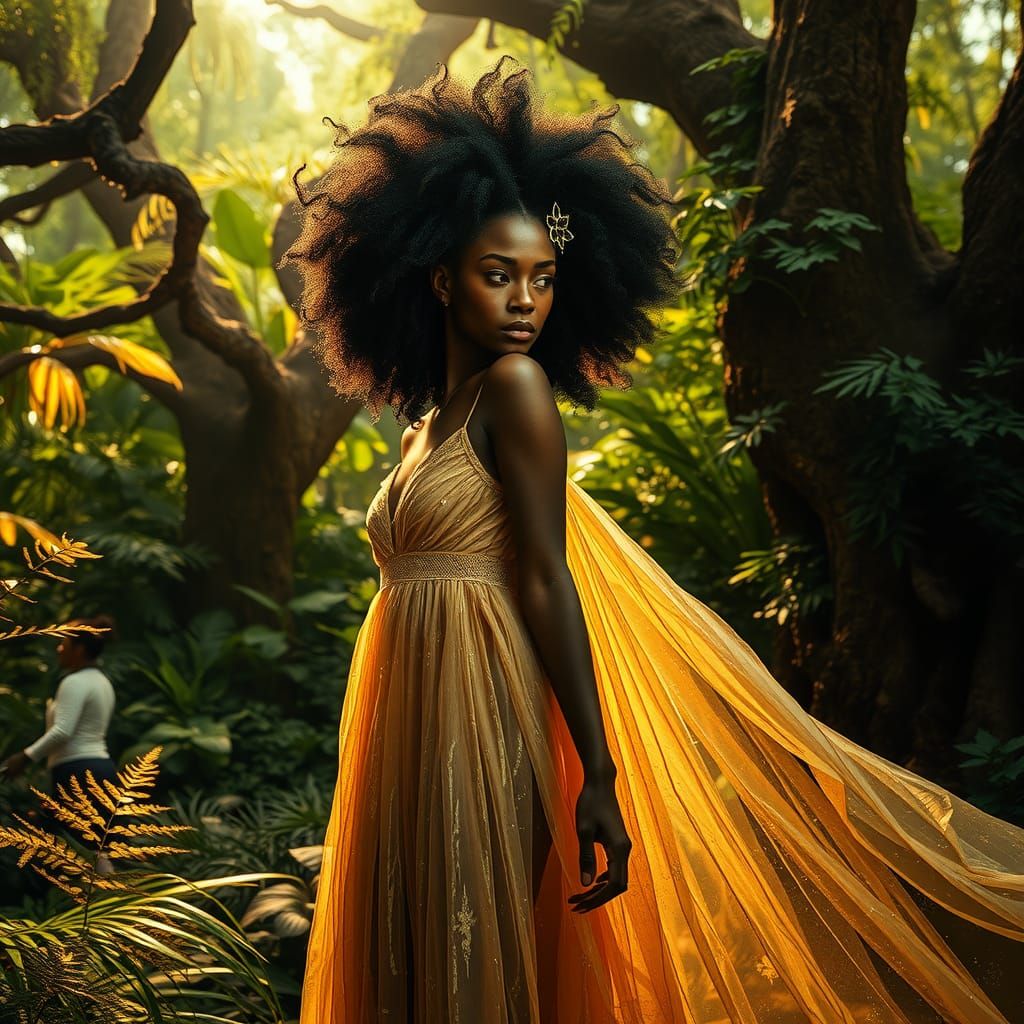 Fantasy Woman in Gold Dress in Enchanted Garden