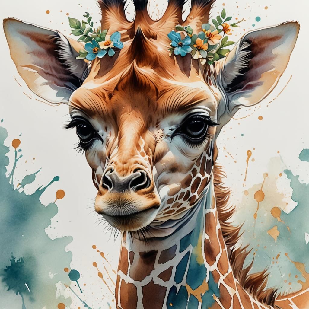 Whimsical Watercolor Giraffe Portrait in Pastel Tones