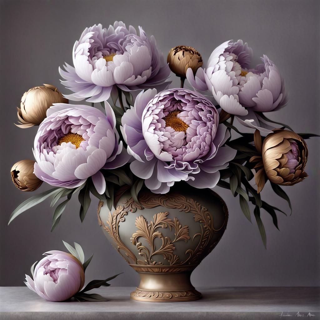 Lavender Peonies and Chrysanthemums in Fanciful Illustration...