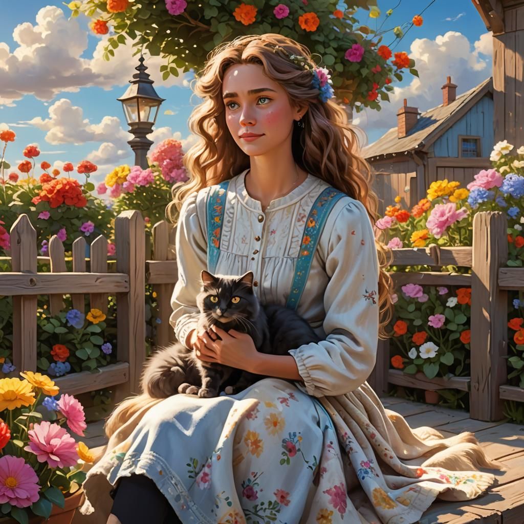 Woman with Cat on Terrace in 3D Digital Art