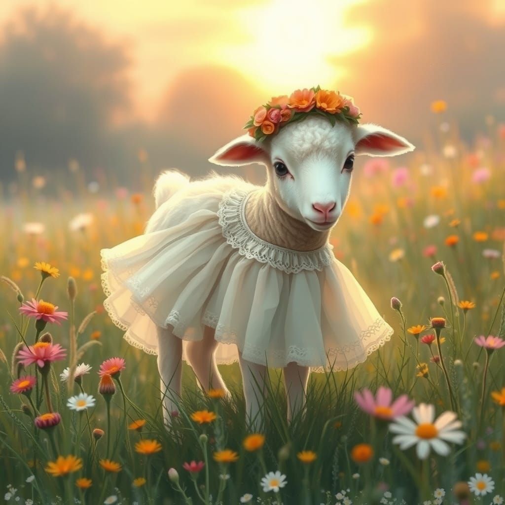 Surreal Pastel Lamb in Idyllic Wildflower Meadow