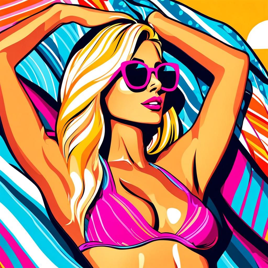 Blonde Woman Sunbathing in Art Deco Vector Graphic