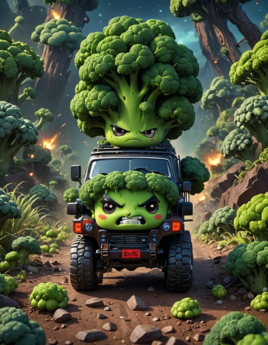 Chibi Broccoli in Jeep: Detailed Matte Painting