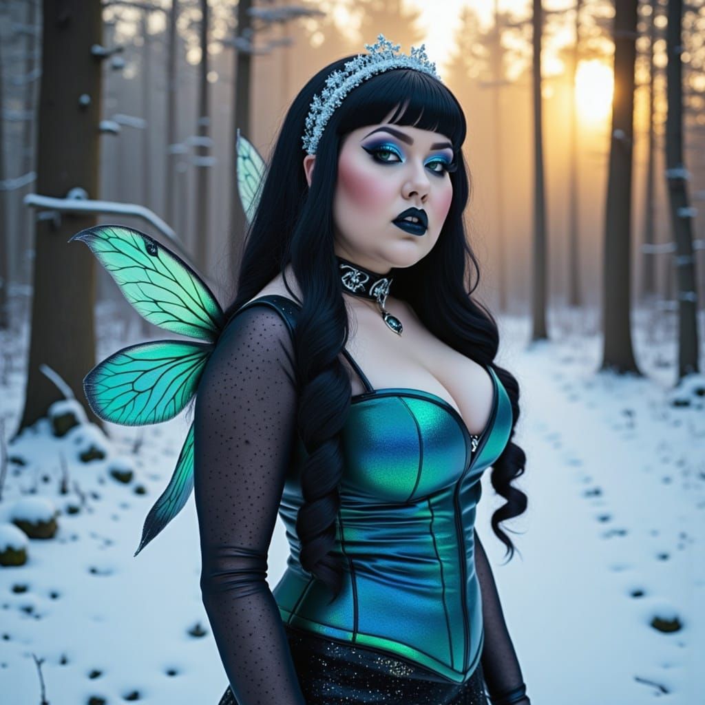 Winter Fairy in Serene Snowy Forest at Dawn