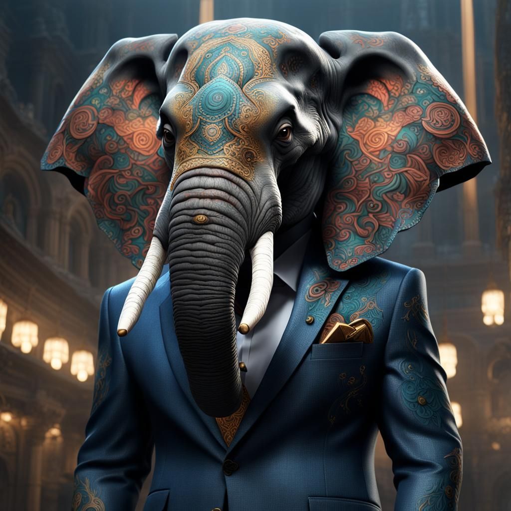 Elephant Humanoid with Tattoos in Suit