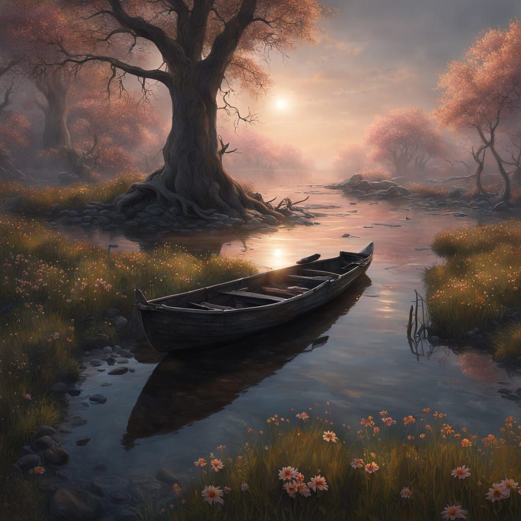Haunted Landscape with Lonely Wooden Boat