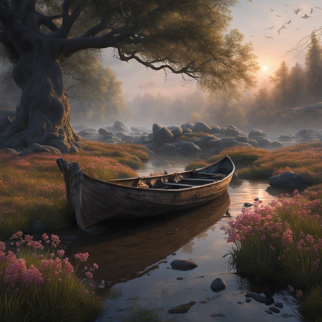 Hauntingly Beautiful Landscape with Lonely Wooden Boat
