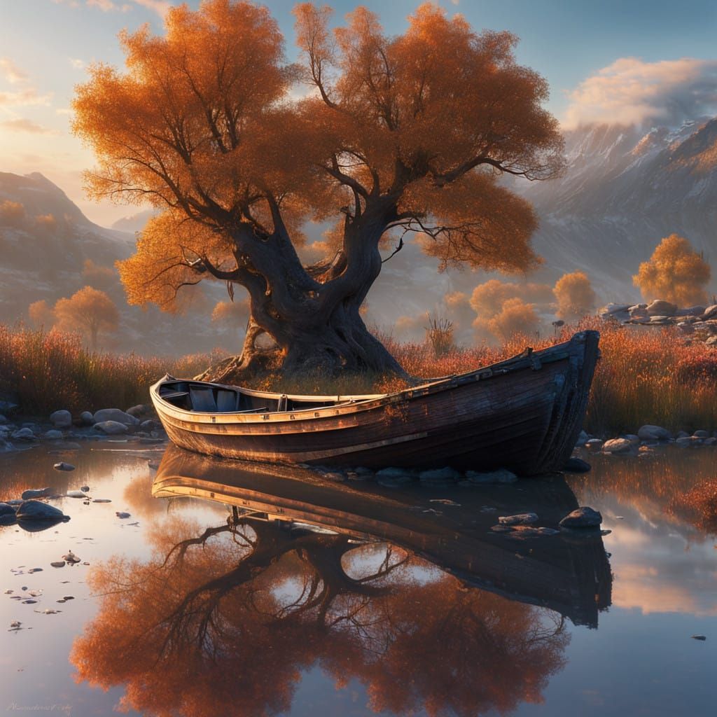 Twisted Tree Silhouette Against Sunset Glow