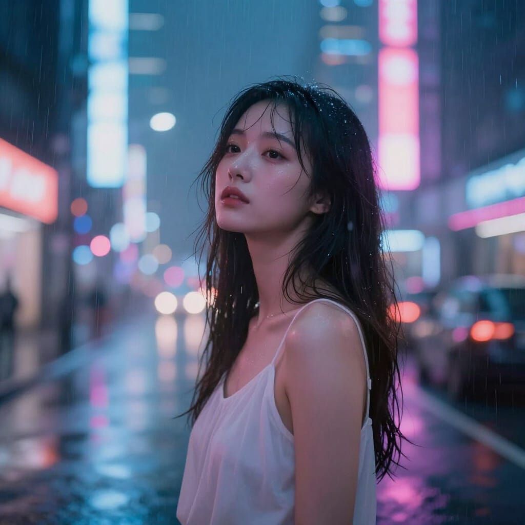 Ethereal Cyberpunk City Portrait with Neon Rain