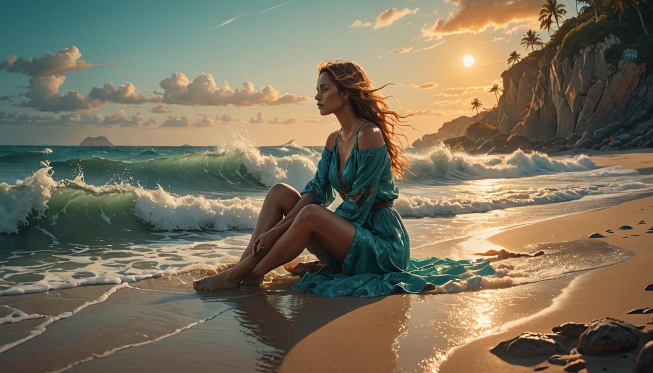 Woman on Beach with Wave in Fantasy Art Style
