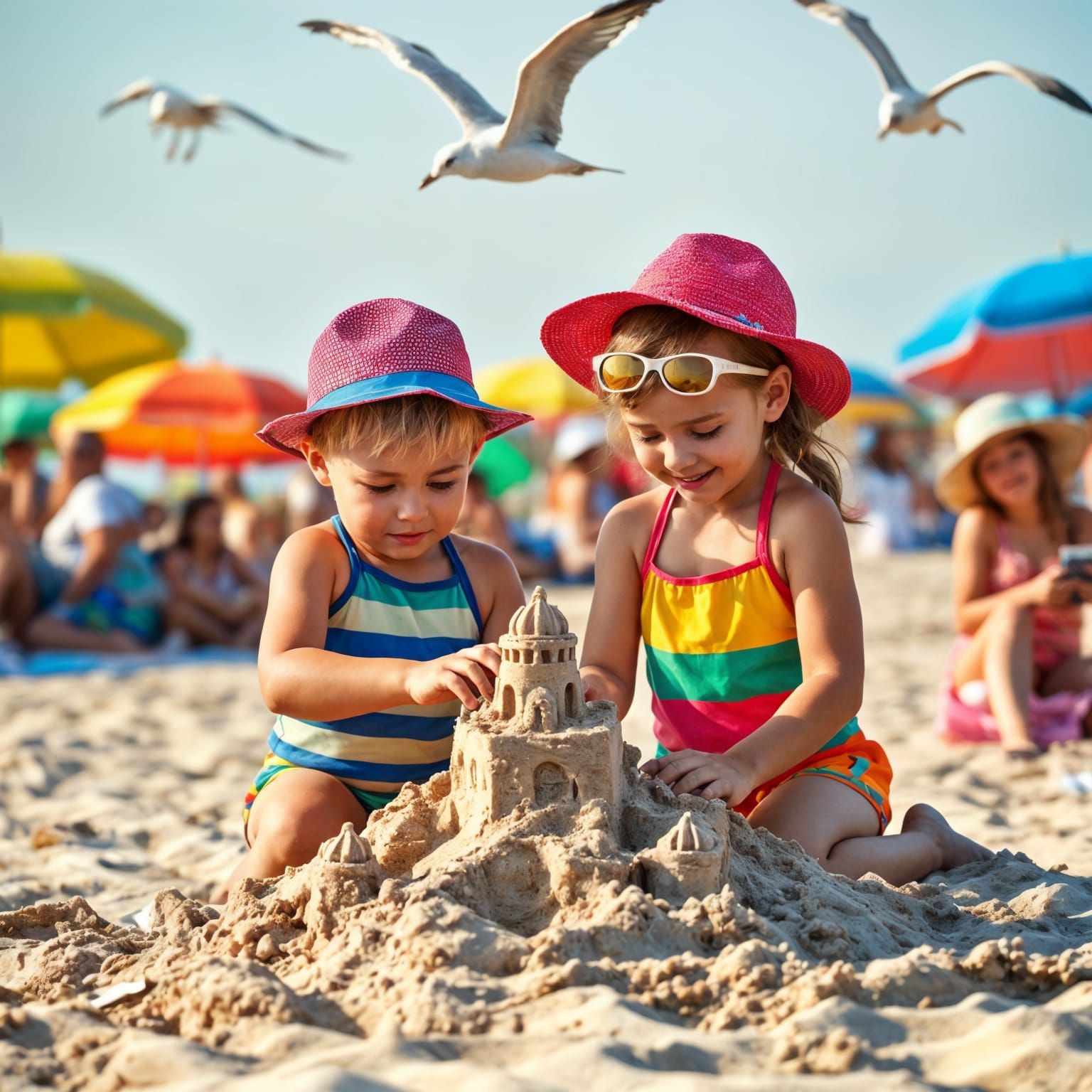 Children Building Sandcastle on Beach with Families Nearby